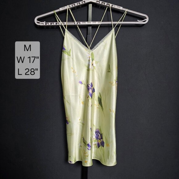 Vintage California Miss Slip Dress M Medium Green Floral Satin Chemise Lingerie - Picture 1 of 6